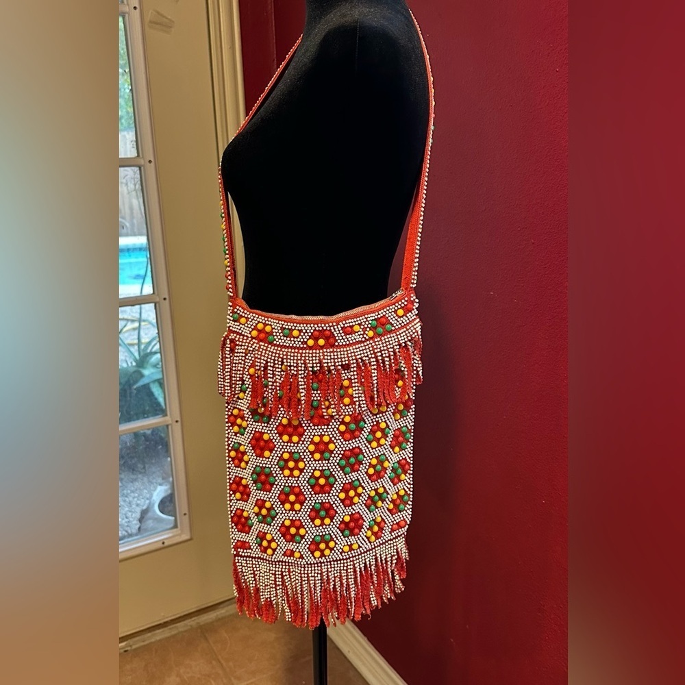 Vintage Beaded Fringe Shoulder Bag Crossbody Red Boho Ethnic Festival Purse HK